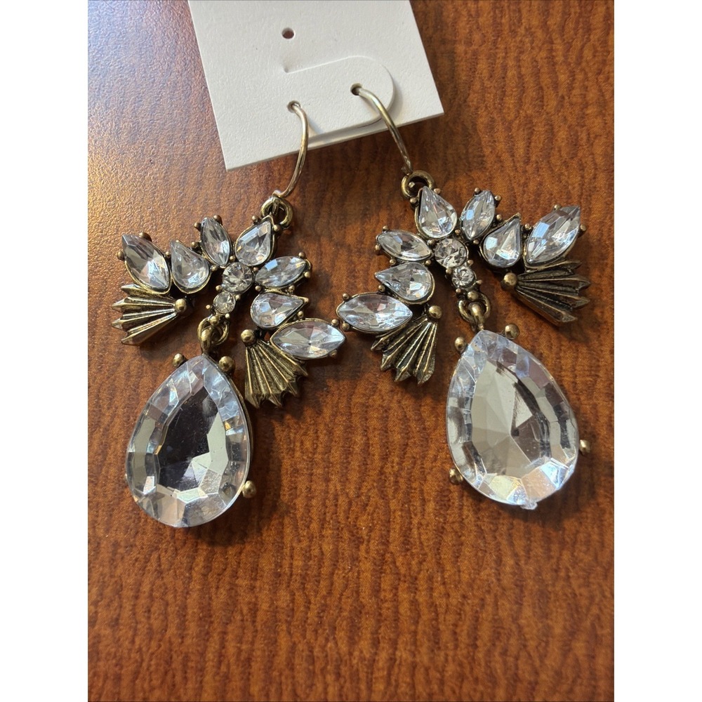 Antique Victorian Inspired‎ Fanned Drop Earrings Bronze Clear Rhinestones